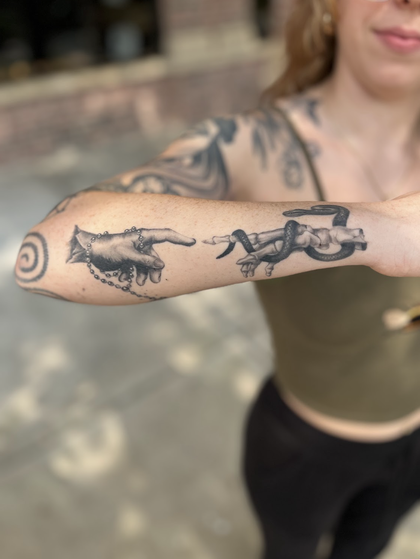 Creation of Adam hands with serpent, forearm